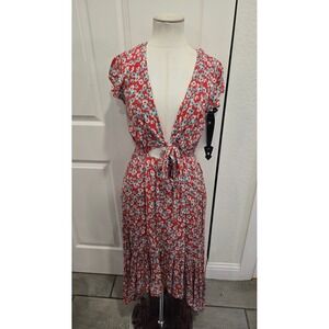 Olivacious Red Floral Tie‎ Front Cutout Maxi Dress Size L